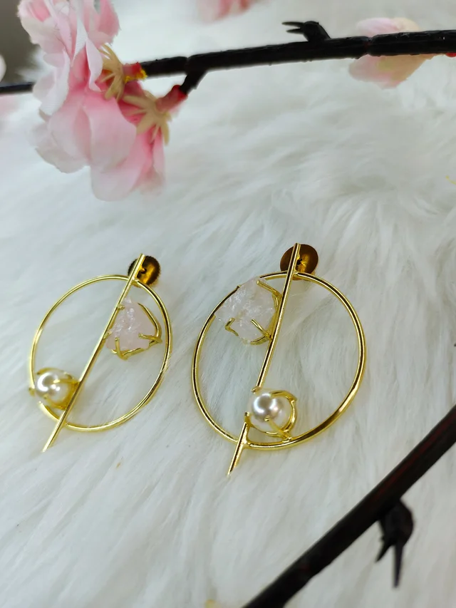 Natural Raw Stone And Pearl Earrings