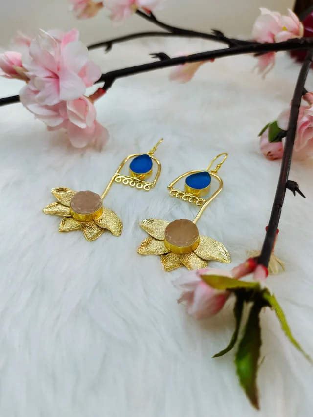 Rose Quartz Lotus Temple Jhumka Style Earrings