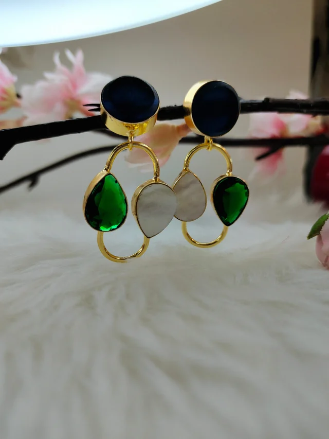 MOP With Green Garnet Stone Drop Earrings
