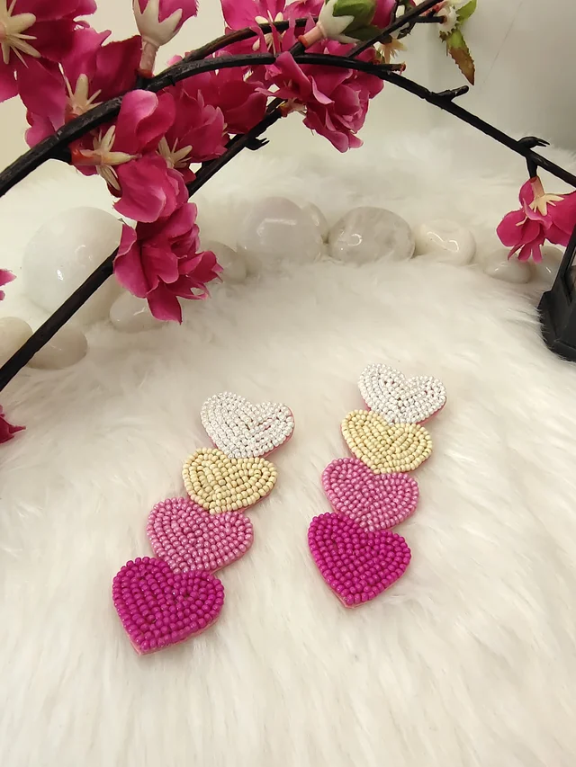 Four Little Hearts Earrings - White Pink