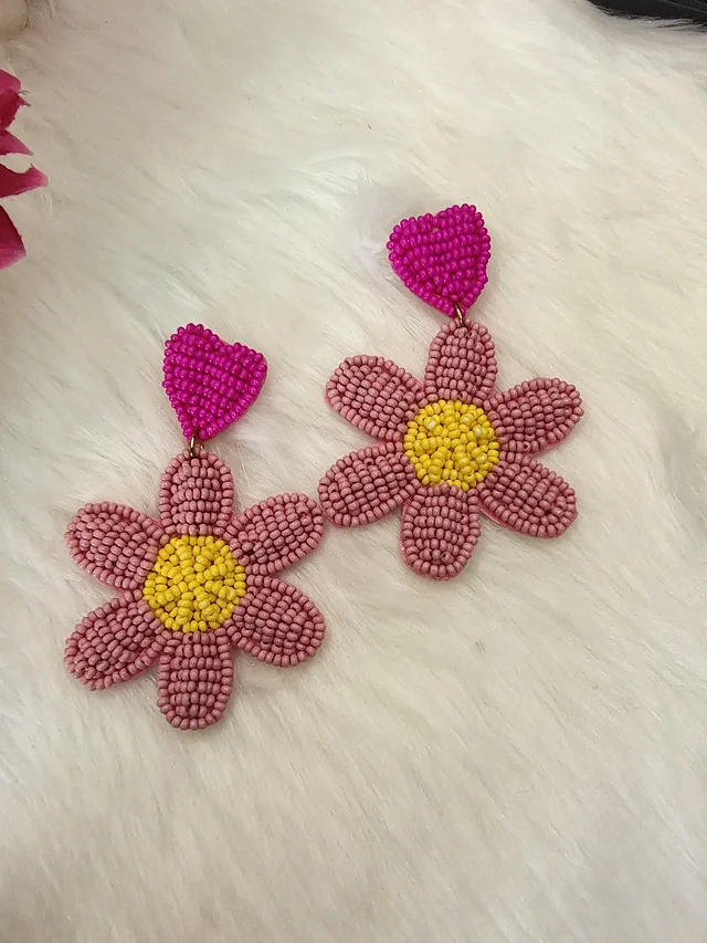 Pink Flower Heart Earrings