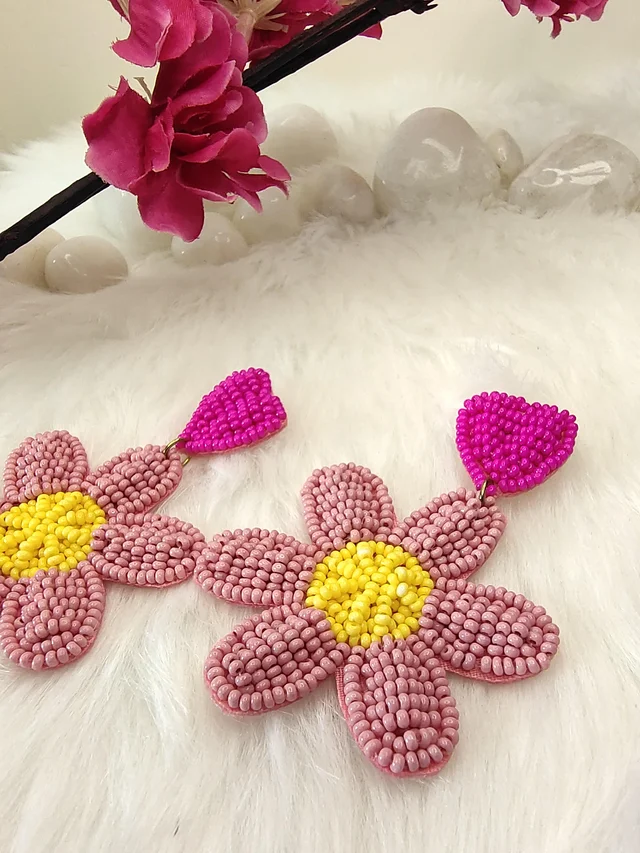Pink Flower Heart Earrings