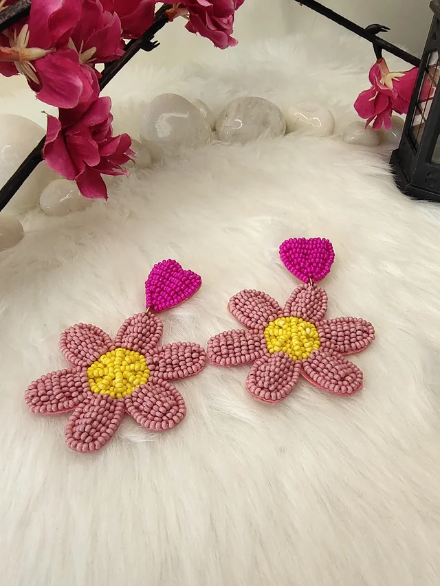 Pink Flower Heart Earrings