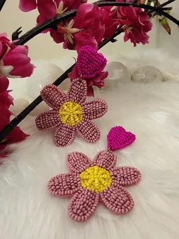 Pink Flower Heart Earrings