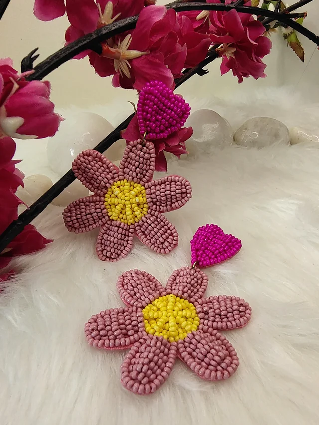 Pink Flower Heart Earrings