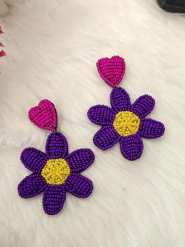 Purple Flower Heart Earrings
