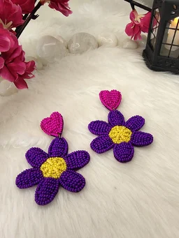 Purple Flower Heart Earrings