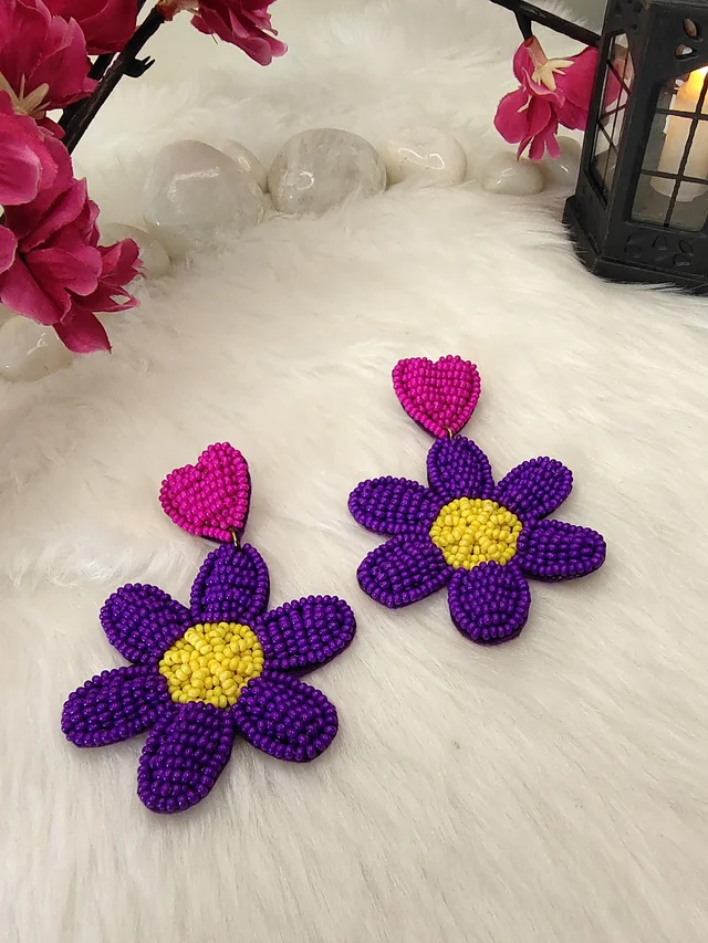 Purple Flower Heart Earrings