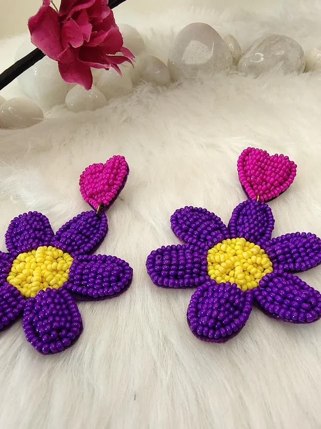 Purple Flower Heart Earrings
