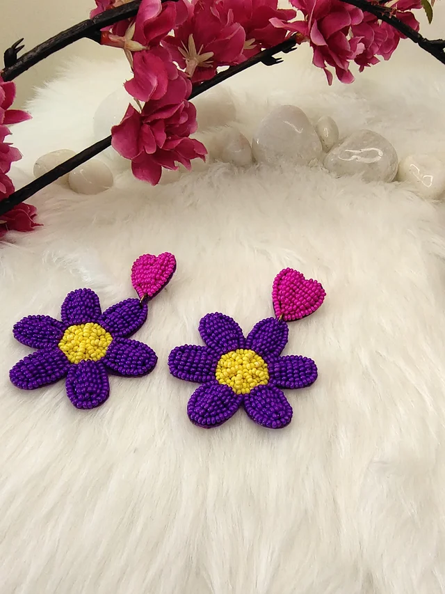 Purple Flower Heart Earrings