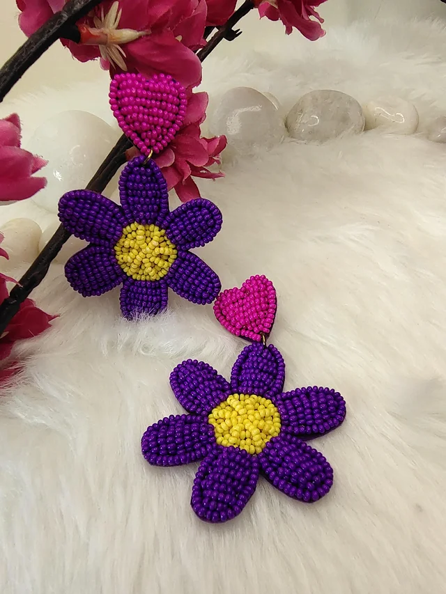Purple Flower Heart Earrings