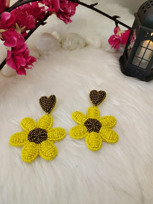 Yellow Flower Heart Earrings