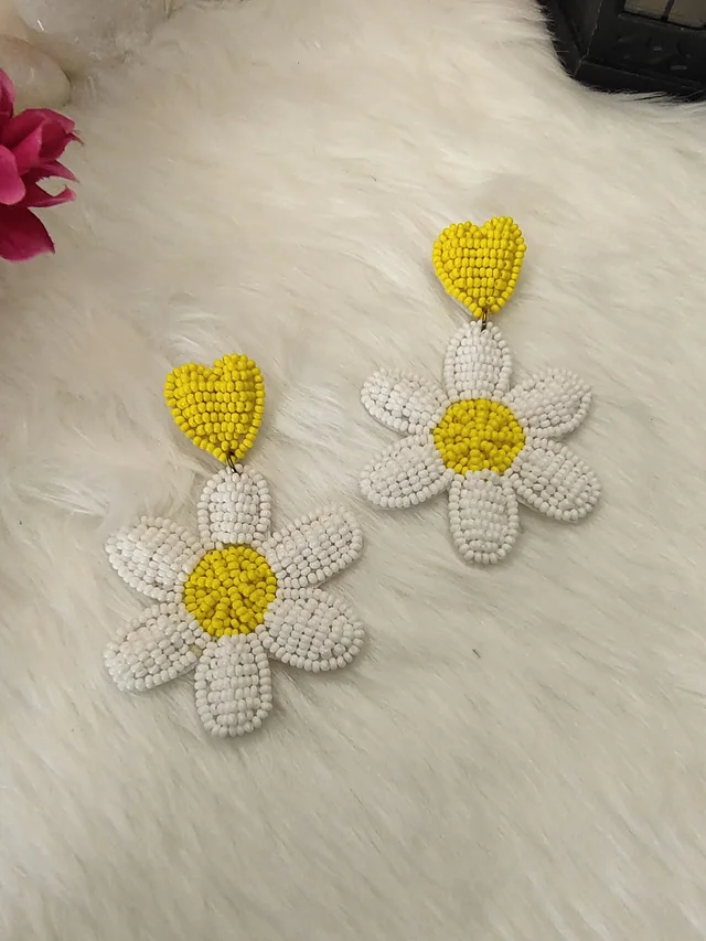 White Flower Heart Earrings