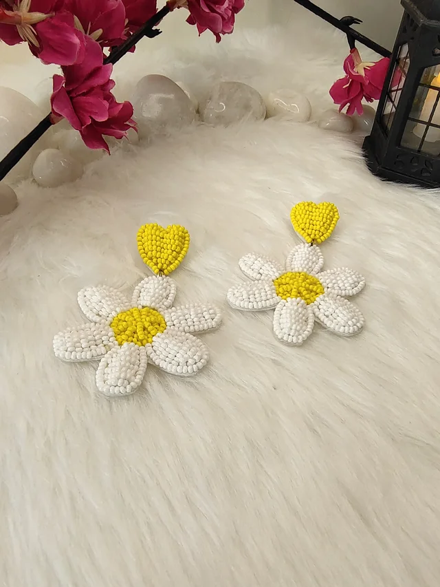 White Flower Heart Earrings