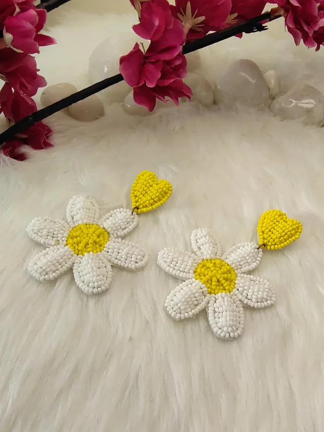 White Flower Heart Earrings