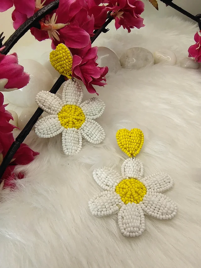 White Flower Heart Earrings