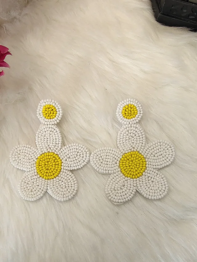 White Yellow Daisy Flower Earrings
