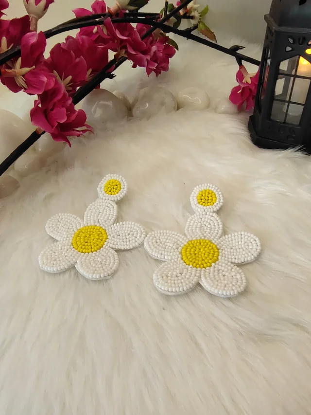 White Yellow Daisy Flower Earrings