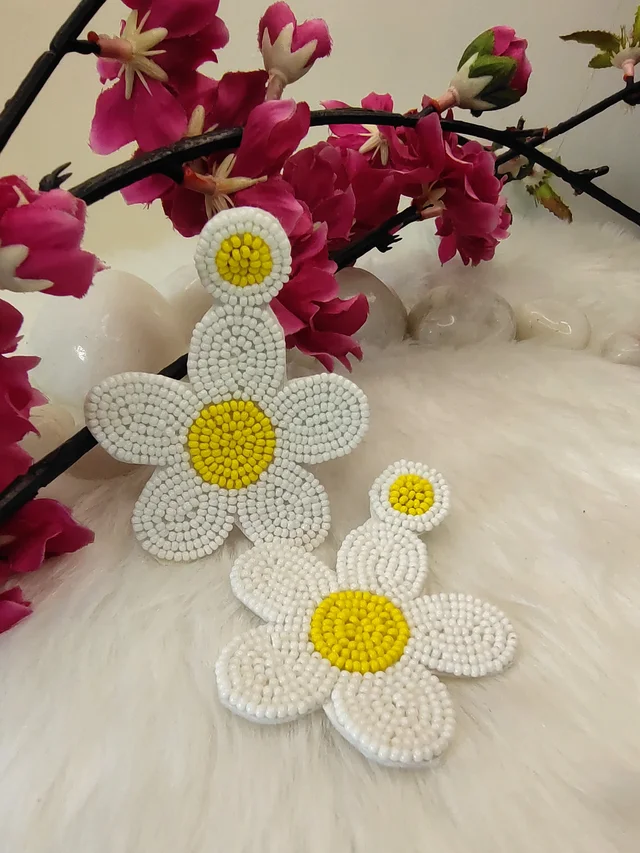 White Yellow Daisy Flower Earrings