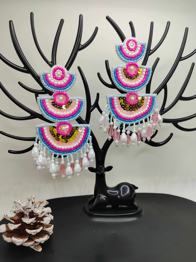 Diyya Style Beaded Earrings Pink