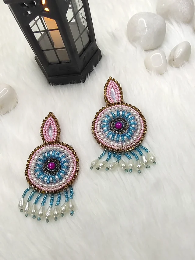 Pink Blue Beaded Eardrop Earrings