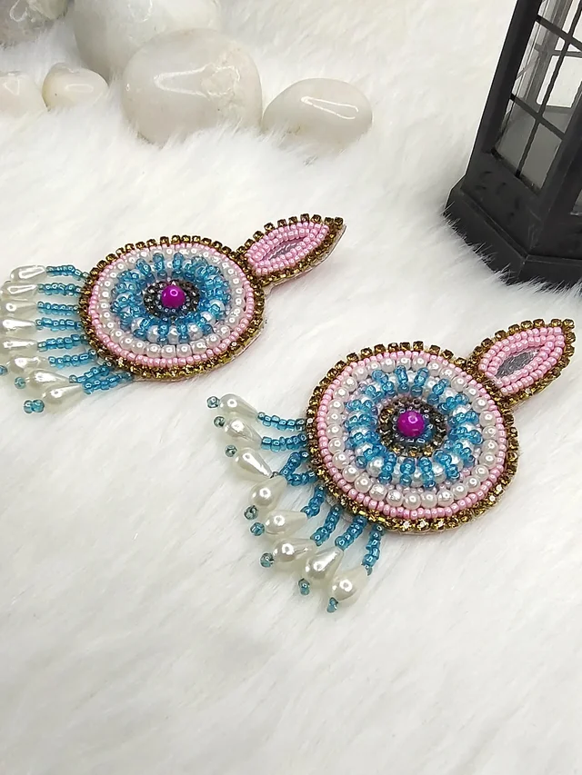 Pink Blue Beaded Eardrop Earrings