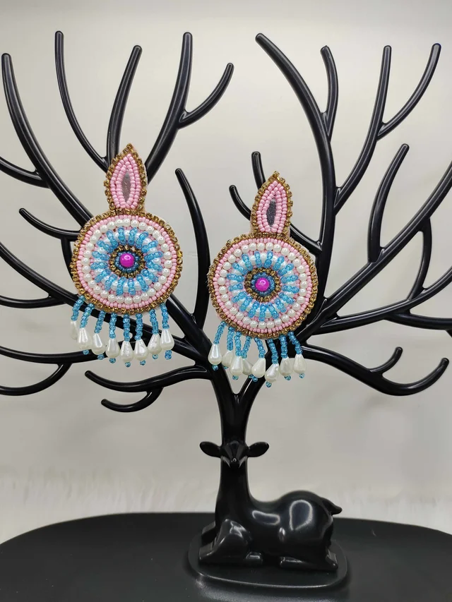 Pink Blue Beaded Eardrop Earrings