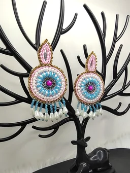 Pink Blue Beaded Eardrop Earrings