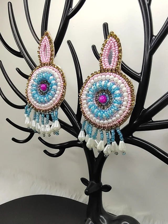 Pink Blue Beaded Eardrop Earrings