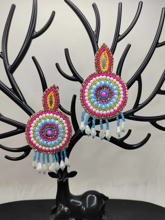 Pink Yellow Beaded Eardrop Earrings