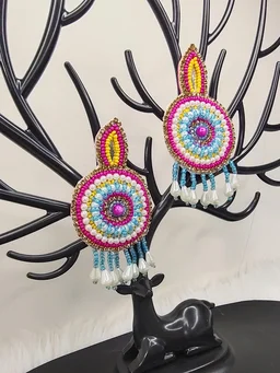 Pink Yellow Beaded Eardrop Earrings