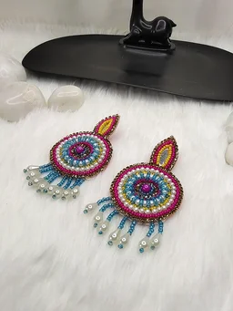Pink Yellow Beaded Eardrop Earrings