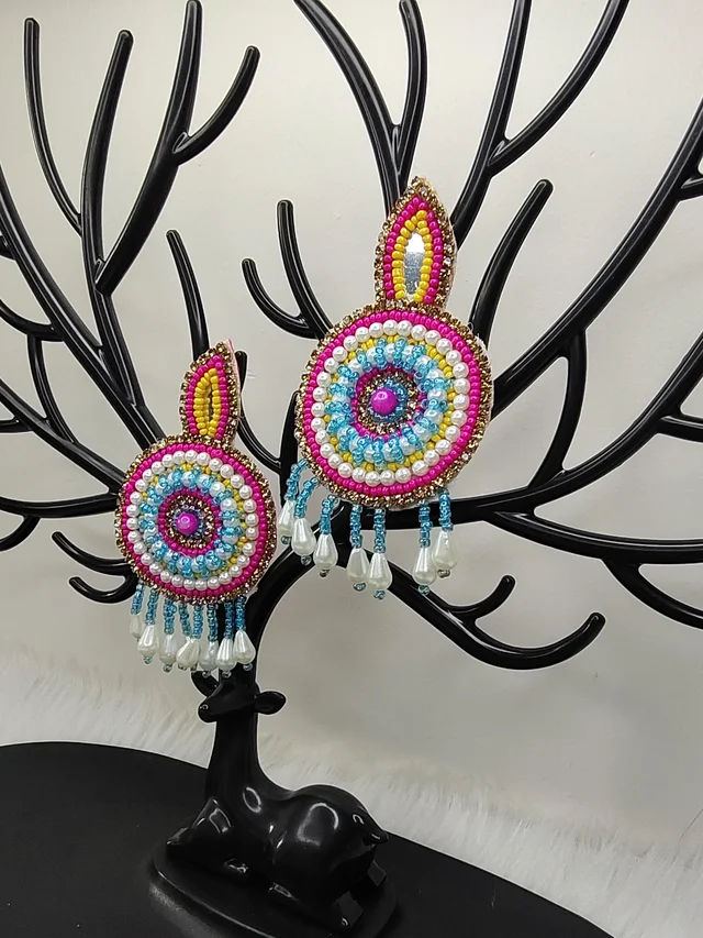 Pink Yellow Beaded Eardrop Earrings