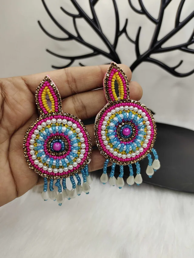 Pink Yellow Beaded Eardrop Earrings