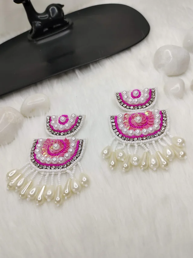 Diyya Chandbali Beaded Earrings Pink