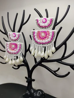 Diyya Chandbali Beaded Earrings Pink
