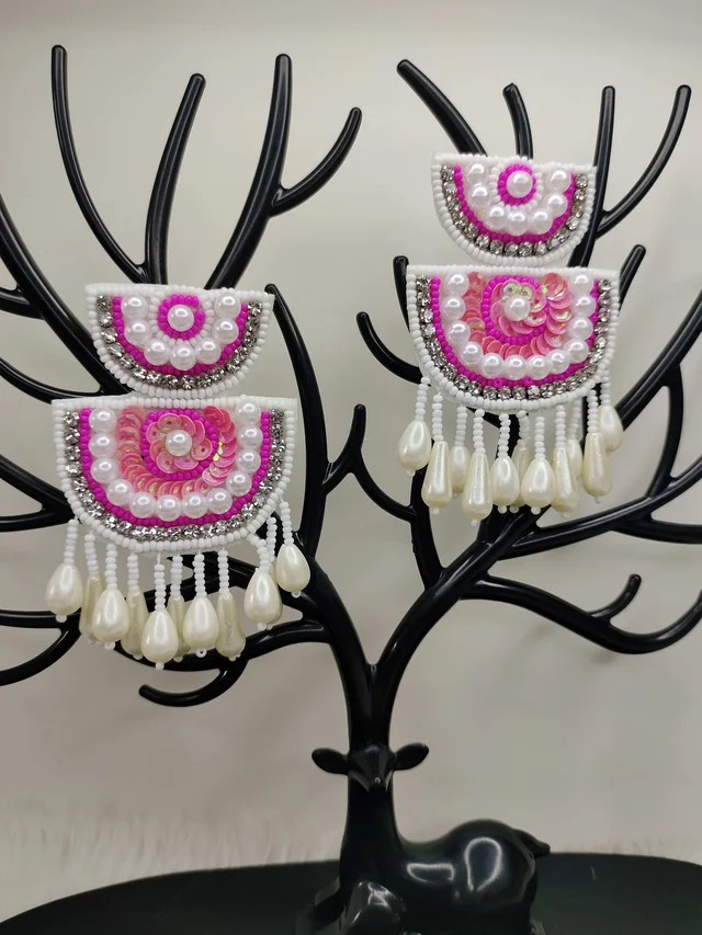 Diyya Chandbali Beaded Earrings Pink