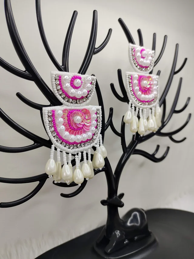 Diyya Chandbali Beaded Earrings Pink