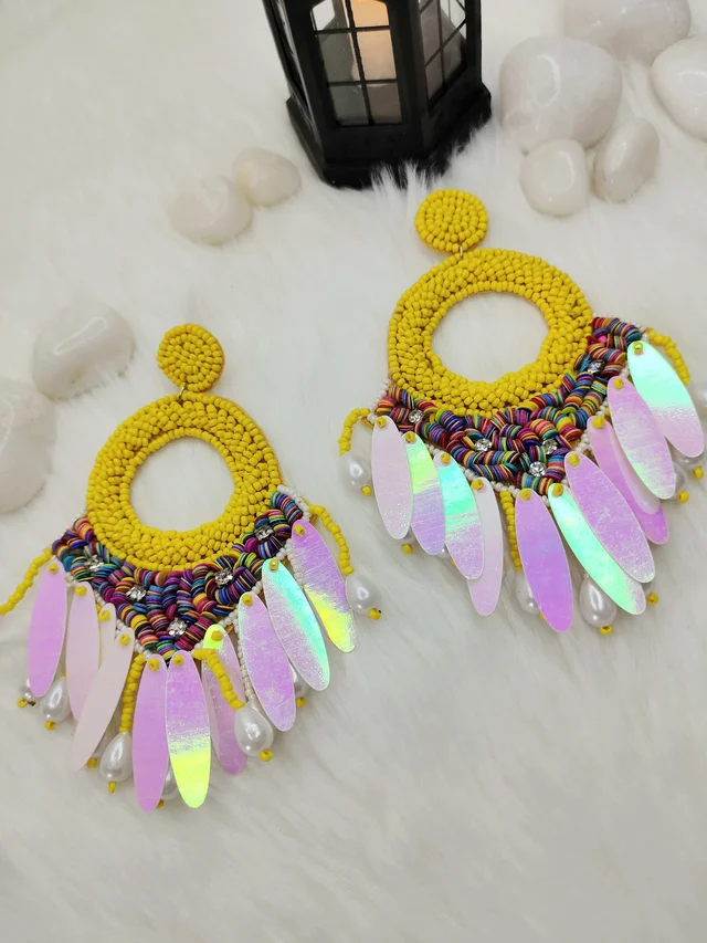 Yellow Dreamcatcher Beaded Earrings