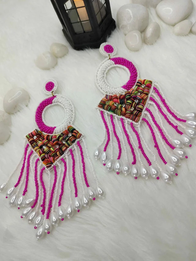 Pink Tassel Dreamcatcher Beaded Earrings
