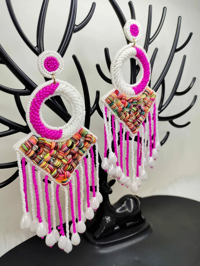Pink Tassel Dreamcatcher Beaded Earrings