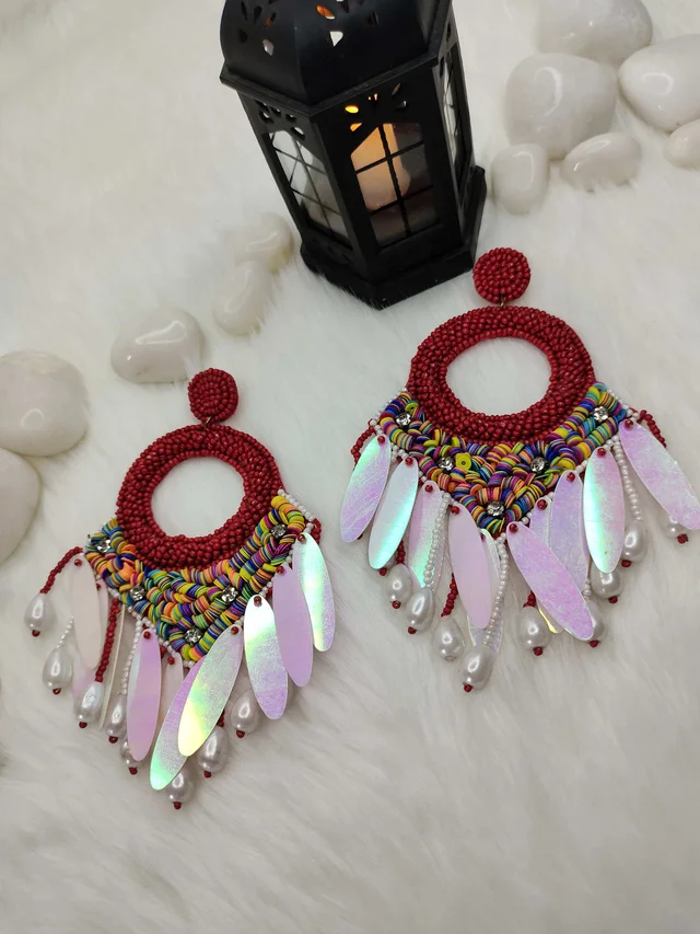 Maroon Dreamcatcher Beaded Earrings