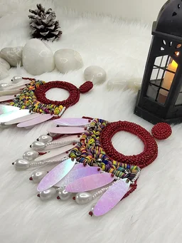 Maroon Dreamcatcher Beaded Earrings