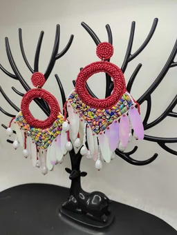 Maroon Dreamcatcher Beaded Earrings