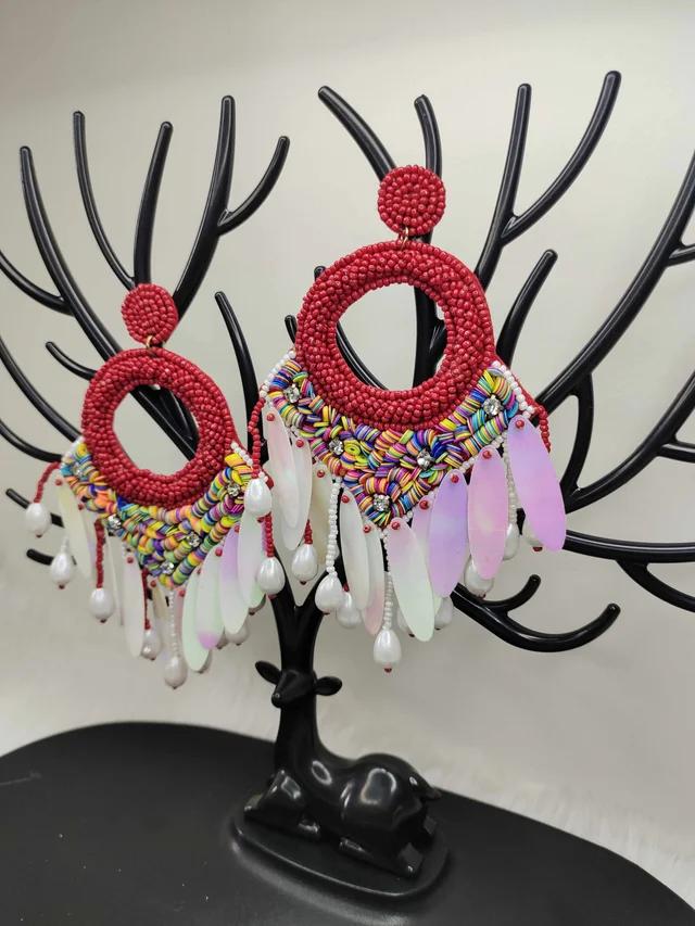 Maroon Dreamcatcher Beaded Earrings