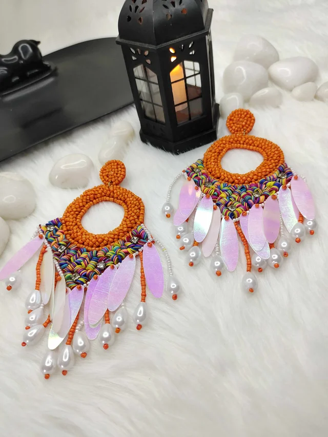 Orange Dreamcatcher Beaded Earrings