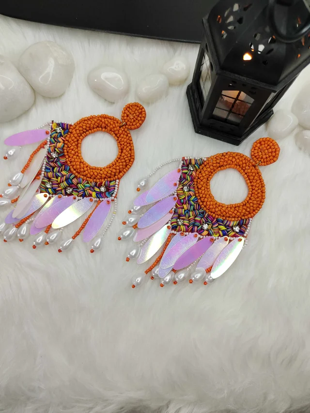 Orange Dreamcatcher Beaded Earrings