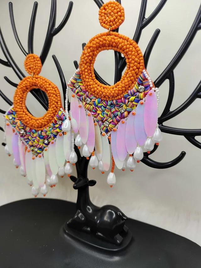 Orange Dreamcatcher Beaded Earrings