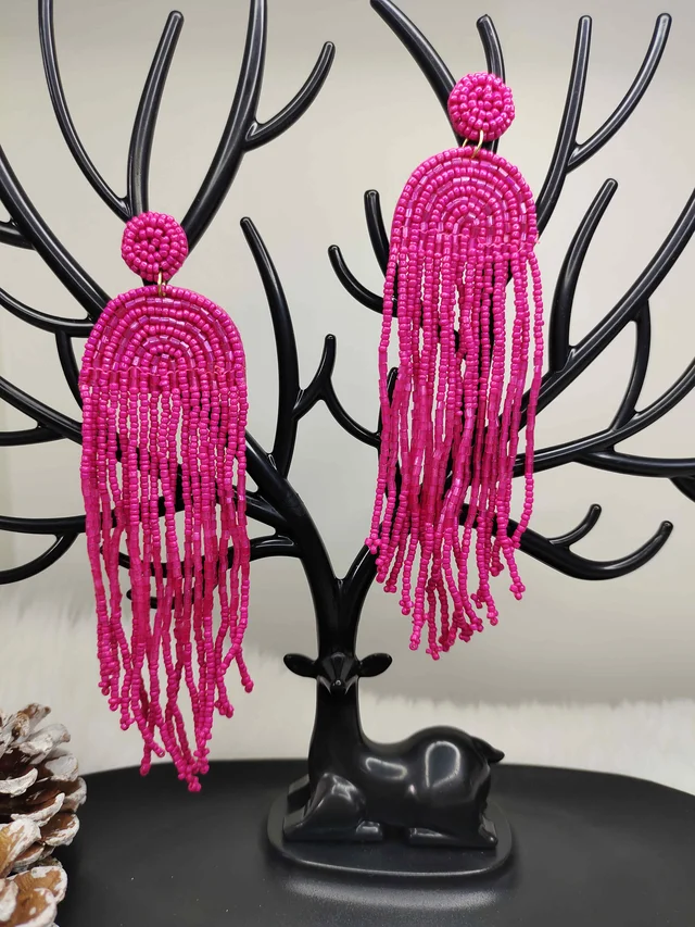 Pink Rainbow Tassel Beaded Earrings