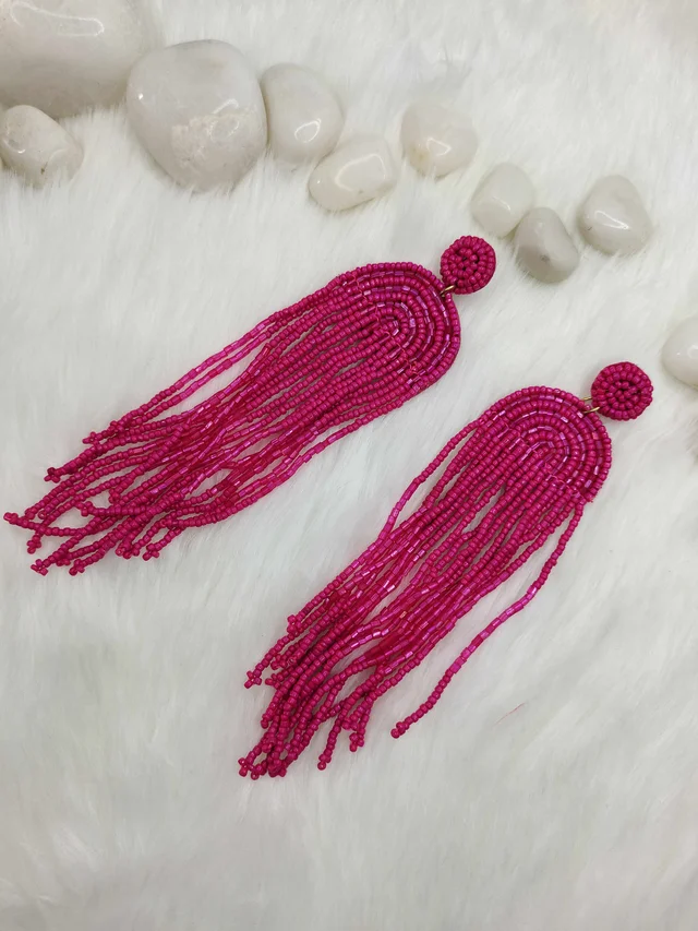 Pink Rainbow Tassel Beaded Earrings